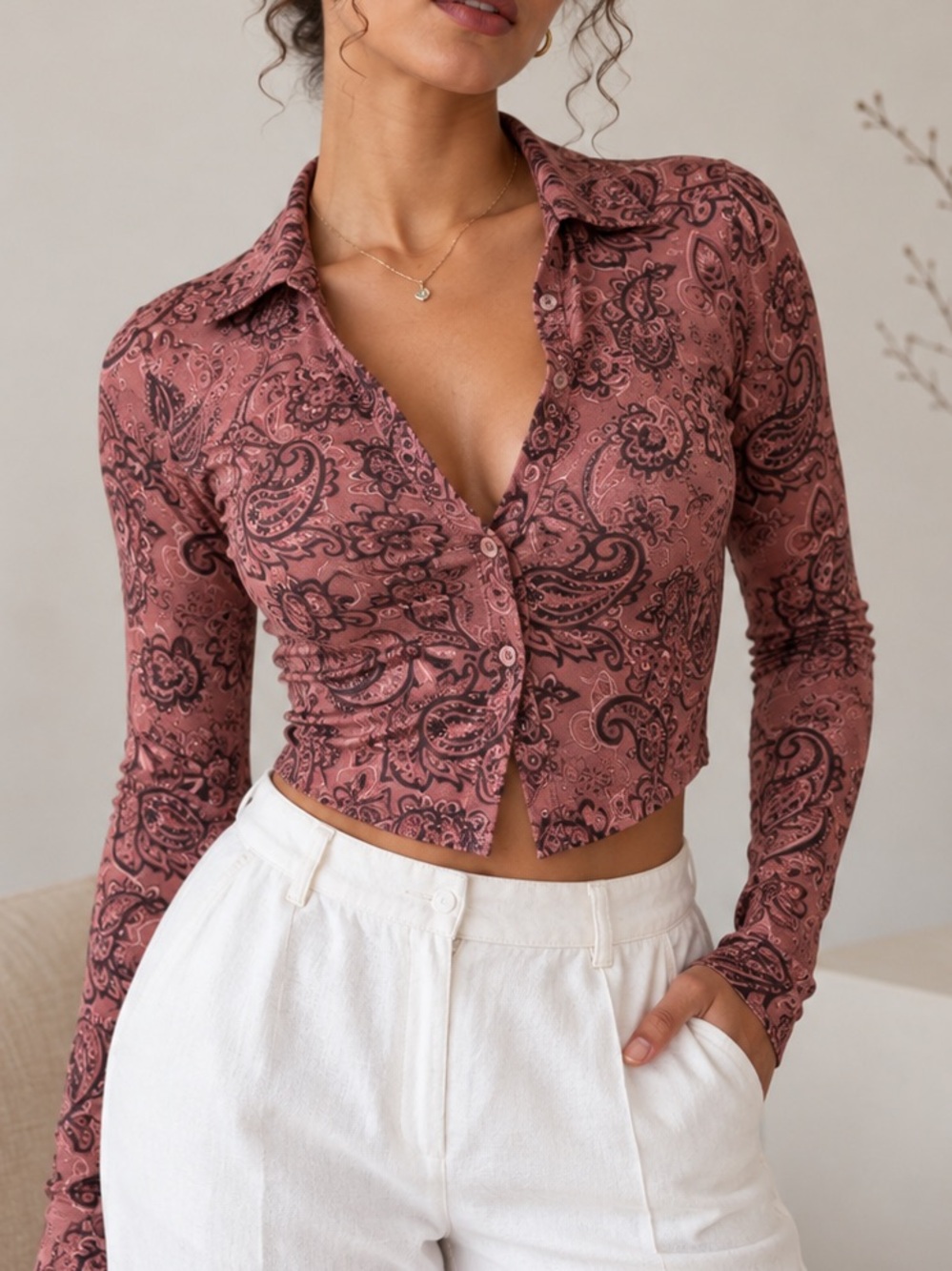 SHEIN Pink Paisley crop long sleeve